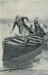 James Cook kapitány kiugrik csónakjából, miközben a vörös indiánok beugranak