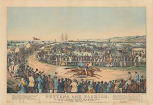 Peytona és a divat: a nagyszerű meccsükben 20 000 dollárért. A szakszervezeti tanfolyamon L.I. május 13. 1845, Peytona nyerte. Idő: 7:39 3/4, 7:45 1/4 alkotó: after Charles Severin