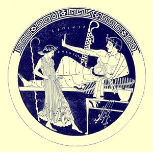 Táncoló lány és lakomázó fiatalság, illusztráció J. E. Harrison és D. S. MacColl görög vázafestményeiből, 1894-ben (digitálisan javított kép) alkotó: after English School