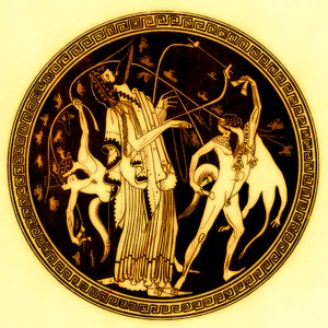 Dionüszosz és szatírok, illusztráció J. E. Harrison és D. S. MacColl görög vázafestményeiből, 1894-ben (digitálisan javított kép)