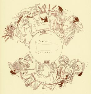 Héraklész és Euriszteusz, J. E. Harrison és D. S. MacColl görög vázafestményeinek illusztrációja, 1894-ben megjelent (digitálisan javított kép) alkotó: after English School