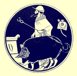 Hermész és az álarcos kutya, J. E. Harrison és D. S. MacColl görög vázafestményeinek illusztrációja, 1894-ben megjelent (digitálisan javított kép)