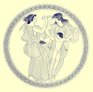 Prokne, Philomela és Itys, illusztráció a J. E. Harrison és D. S. MacColl görög vázafestményeiből, 1894-ben (digitálisan javított kép)