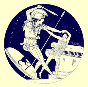 Troilos halála, J. E. Harrison és D. S. MacColl görög vázafestményeinek illusztrációja, 1894-ben megjelent (digitálisan javított kép)