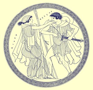 Thészeusz és Aethra, J. E. Harrison és D. S. MacColl görög vázafestményeinek illusztrációja, 1894-ben megjelent (digitálisan javított kép)