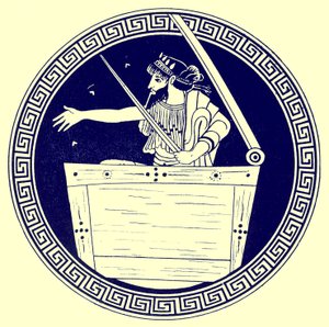Thomas a ládában, illusztráció a J. E. Harrison és D. S. MacColl görög vázafestményeiből, 1894-ben (digitálisan javított kép)