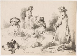 Gyermektanulmányok (két kislány); Két kutya; Egy férfi alkotó: after George Morland
