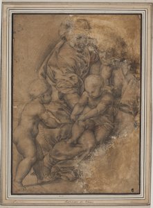 A Szent Család a csecsemő Keresztelő Jánossal. Giulio Romano Madonna della Gatta-ja után