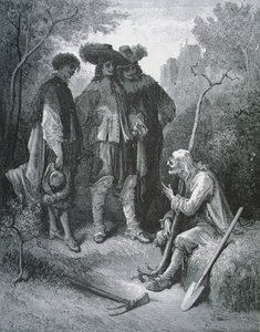 Illusztráció: Az öreg és a három fiatalember, Jean de La Fontaine (1621-95) meséiből alkotó: Gustave after Dore