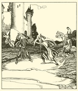 Sir Launcelot csatát vív Sir Turquine-nal alkotó: after Howard Pyle