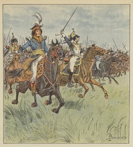 Soha lovasság élén nem láttunk ilyen ragyogó, bátrabb, határozottabb embert. alkotó: after Louis Charles Bombled