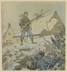 Pitou őrmester, aki félelmetesen felszállt Courceboeufs barikádjára, úgy döntött, hogy elfoglalja a falut. alkotó: after Louis Charles Bombled
