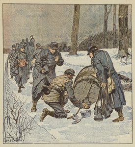 A tengerészgyalogosok katonái egy hordó rummal töltik meg kannáikat alkotó: after Louis Charles Bombled
