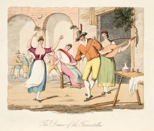 A Tarantella tánca, olasz díszletből, Olaszország különböző államainak modorait, szokásait és szórakozásait reprezentálja, kocsma. 1806 (kézzel színezett metszet)