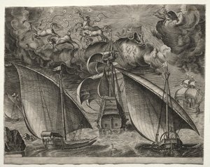 Vitorlás hajók: két gálya vitorlázik egy fegyveres háromfős mögött Phaetonnal és Jupiterrel az égen alkotó: after Pieter Bruegel