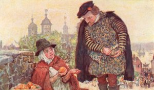 Shakespeare egy kétpennys narancsot vásárol egy gyümölcsárustól a londoni Tower Hillen