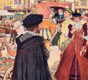 Shakespeare a londoni Ludgate Hillen figyeli a bolond divatokat és bohóckodásokat alkotó: after William Hatherell