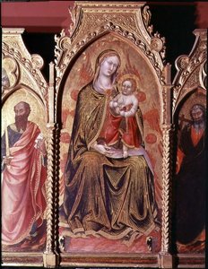 Gerard Cossassi degli Assi oltárképe, a Madonnát és a trónoló gyermeket ábrázoló központi panel részlete (olaj a táblán) alkotó: also Manfredi de Battilori Bartolo di Fredi