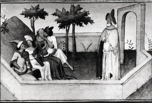 Ms Fr 2810 Hogyan fogadta a hegyi öregember a követőket a kertben, a Livre des Merveilles du Monde-ból, 1410-12 körül. alkotó: and workshop Boucicaut Master