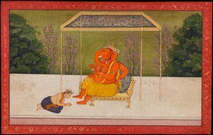 "Indra imádja az elefántfejű Ganesha istent, aki egy trónon ül." Fólió a Gita Govinda Tehri Garhwal sorozatából.