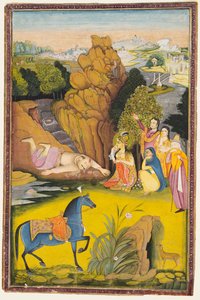 Farhad megöli magát, miután meghallotta Shirin haláláról szóló hamis hírt alkotó: attributed to Amar Das Bhatti