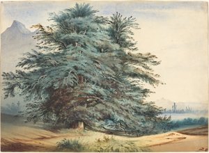 Két ősi fa egy hegycsúcs előtt alkotó: attributed to Jules Dupré