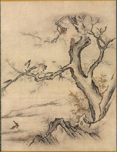 Virágok és madarak egy tavaszi tájon alkotó: attributed to Kano Motonobu
