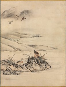 Virágok és madarak egy tavaszi tájon alkotó: attributed to Kano Motonobu