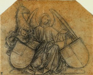 Egy angyal, aki két takarót támogat alkotó: attributed to Nikolaus Gerhaert von Leyden