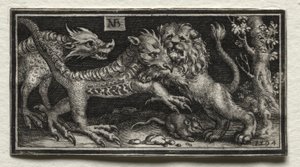 Oroszlán harcol két vadállat ellen alkotó: attributed to Tobias Stimmer