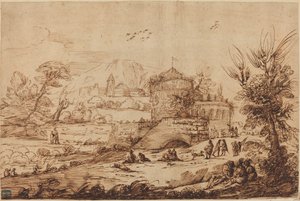 Táj az erőddel és a folyóval alkotó: called Guercino after Giovanni Francesco Barbieri