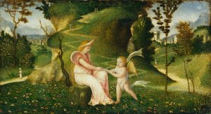 Vénusz és Ámor egy tájban alkotó: circle of Giorgione