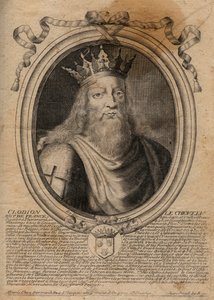 Clodion dit “” Le Chevelu”” (428-448), a merovingok őse, a szaliánok frank főnöke - Clodion, a szőrös (kb. 428-47) a szalian frankok törzsének királya - metszet a 