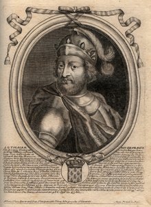 Lothair (941-986), a frankok királyának portréja – Lothair (941-986) francia király – metszet a „Les Augustes Representations de tous les Kings de France from Pharamond to LouisXIV” című könyvéből, Párizs alkotó: de Larmessin