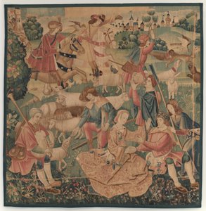 Vadász- és pásztorjelenetek, koszorús hőssel a hölgyek között alkotó: design probably French 16th Century, Paris; woven in southern Netherlands or Paris in an undetermine workshop