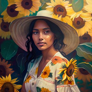 Abstract beautiful Mexican girl portrait & sunflowers background, Printable canvas Art