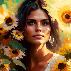 Abstract beautiful Mexican woman portrait & sunflowers, Wall Art | Canvas Prints