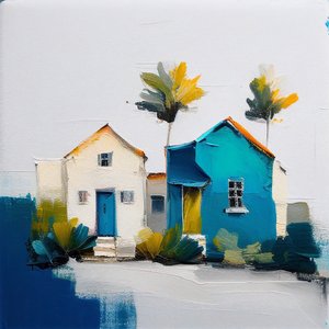 Minimalist abstract Oil painting of colorful cottages, Wall Art | Canvas Prints