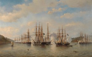Holland, angol, francia és amerikai osztagok a japán vizeken a Constant Jaurès francia parancsnok által vezetett expedíció során, 1864. szeptember alkotó: jonkheer Jacob Eduard van Heemskerck