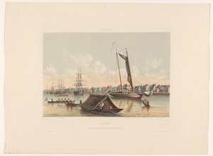 Vízpart és útpálya Paramaribo-ban Suriname. Kilátás a Waterkantra és a Paramaribo Roadsteadre (cím a tárgyon) alkotó: jonkheer Jacob Eduard van Heemskerck