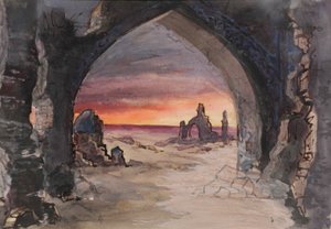 Színpadterv E. Goslavsky Szakadt fű című darabjához, 1901 alkotó: karl Fyodorovich Valz