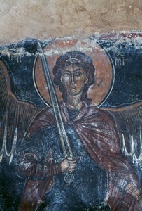 Kardot tartó angyal, freskó a bizánci Szent György-templomban, Komitades, Kréta, Görögország (fotó)