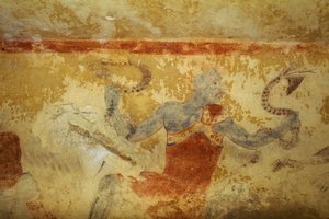 Kék démon kígyókkal, freskó, a kék démonok sírja, Tarquinia nekropolisza (UNESCO világörökségi lista, 2004), Lazio, Olaszország. Etruszk civilizáció, ie 5. század (fotó)