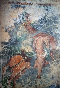 Férfi lóháton karddal, freskó a bizánci Agios Athanasios templomban, Kefali, Kréta, Görögország (fotó)