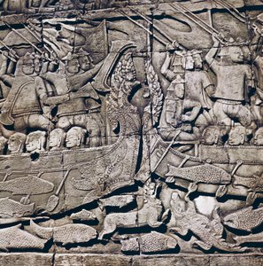 Haditengerészeti csata Cham és Khmer között, a Bayon-templom domborművének részlete (13. század), Angkor Thom, Angkor régészeti lelőhelye (UNESCO világörökségi lista)