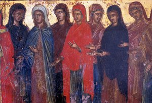 Jámbor nők, fatábla a Palea Roumata bizánci templomban, Kréta, Görögország (fotó)
