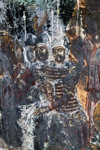 Katona, sérült freskó az Agios Vasileios templom mennyezetén, Vavouledo, Kréta, Görögország (fotó)