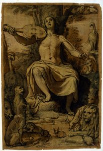 Orpheusz hegedű zenéjével varázsolja el az állatokat. Federico Zuccari (1542 - 1609) rajza. alkotó: or Zuccaro Federico Zuccari