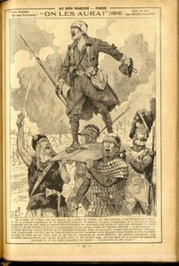 Agenda Buvard du Bon Marche 1917 – Job illusztrációja (Jacques Marie (Jacques-Marie) Gaston Onfray és Breville) (1858-1931): Meglesznek! 1916 – 14–18-as háború, orvosi, orvostudomány, egészségügy, egyenruha, nagyobb csaták, páncélzat – katonák, gallok – tö alkotó: pseudonym for Onfray de Breville Jacques Job