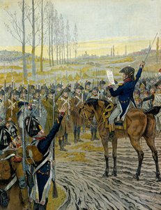 Ausztria hadjárata (1805): I. Bonaparte Napóleon császár (1769-1821) kikiáltása a csapatoknak az austerlitzi csata előtt 1805. december 2-án. Georges Montorgueil „” Napóleon” című művében. Illusztráció: Jacques Marie Gaston Onfray de Breville a JOB-ban alkotó: pseudonym for Onfray de Breville Jacques Job